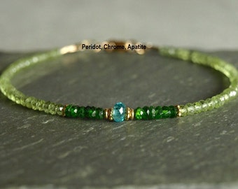 Green Peridot Bracelet with chrome diopside and blue apatite, gold beads, small stones, blue green jewelry