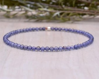 Dainty Iolite Stretch Bracelet, Beaded Shaded Blue Gemstone Elastic Stacking Bracelet, Ultra Delicate Jewelry