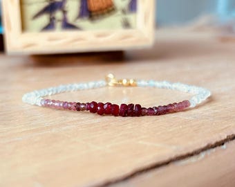Ruby, Pink Tourmaline & Rainbow Moonstone Bracelet, Red Pink Ombre Jewelry, Genuine July Birthstone Gemstone