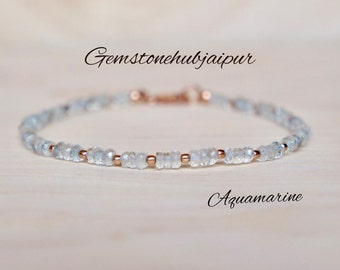 Aquamarine Bracelet of natural stones aquamarine navy blue and silver beads 925 gold pink, birthstone march handmade unisex handmade jewel