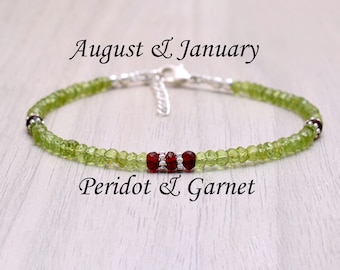 Garnet & Peridot Beaded Bracelet, Sterling Silver Gemstone Jewelry