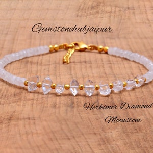 Rainbow Moonstone & Herkimer Diamond Bracelet, Beaded Quartz Crystal Jewelry, Monstone Bracelet, Herkimer Diamond Jewelry, April Birthstone