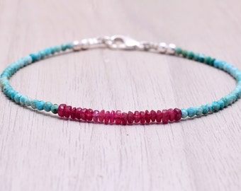 Dainty Turquoise & Ruby Bracelet, Delicate Beaded Multi Gemstone Jewelry, December July Genuine Birthstone