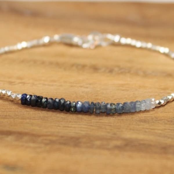 Blue Sapphire Ombre Bracelet, Hill Tribe Beads, Fine Silver, Blue Sapphire Jewelry, September Birthstone. Gemstone Bracelet