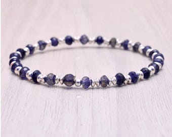 Dainty Iolite Stretch Bracelet, Beaded Shaded Blue Gemstone Elastic Stacking Bracelet, Ultra Delicate Jewelry