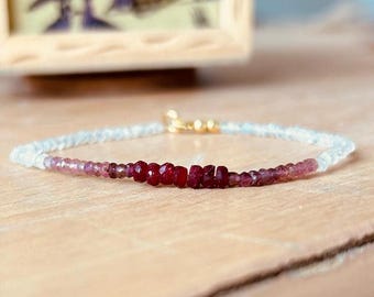 Ruby, Pink Tourmaline & Rainbow Moonstone Bracelet, Red Pink Ombre Jewelry, Genuine July Birthstone Gemstone