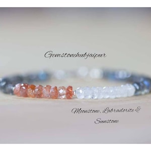 Labradorite, Rainbow Moonstone & Sunstone Bracelet, Labradorite Jewelry, Gemstone Stacking Bracelet, Sterling Silver Rose Gold Filled