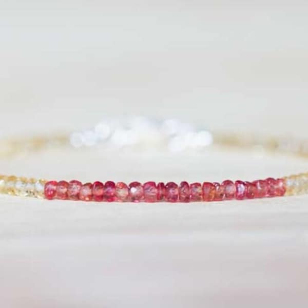 Padparadscha Sapphire & Citrine Bracelet, Delicate Beaded Red Sapphire Jewelry, Sterling Silver Rose Gold Filled