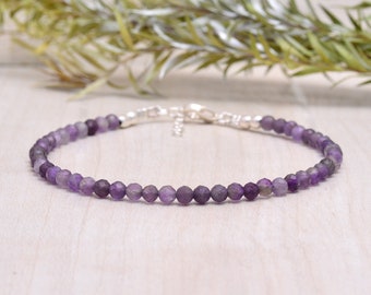 Phantom Amethyst Bracelet, Tiny Purple Gemstone Beaded Bracelet, Gold Fill or Sterling Silver, Dainty Stacking Bracelet, February Birthstone