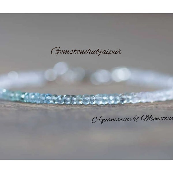 Aquamarine & Moonstone Bracelet, Delicate Shaded Aquamarine Bracelet, Rainbow Moonstone Jewelry, Sterling Silver Rose Gold Fill