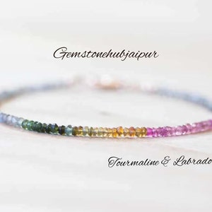 Labradorite & Tourmaline Bracelet, Dainty Beaded Multi Gemstone Jewelry