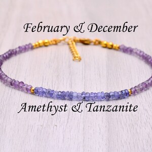 May include: A delicate bracelet made with amethyst and tanzanite gemstones. The bracelet is made with small, faceted beads and features a gold clasp. The bracelet is a beautiful and unique piece of jewellery that would make a great gift for someone special.