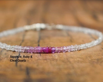 Ombre Pink Sapphire, Ruby & Clear Quartz Bracelet| Petite Precious stone Anklet| Minimalist design| Stacking + Layering Jewelry| OOAK Gift