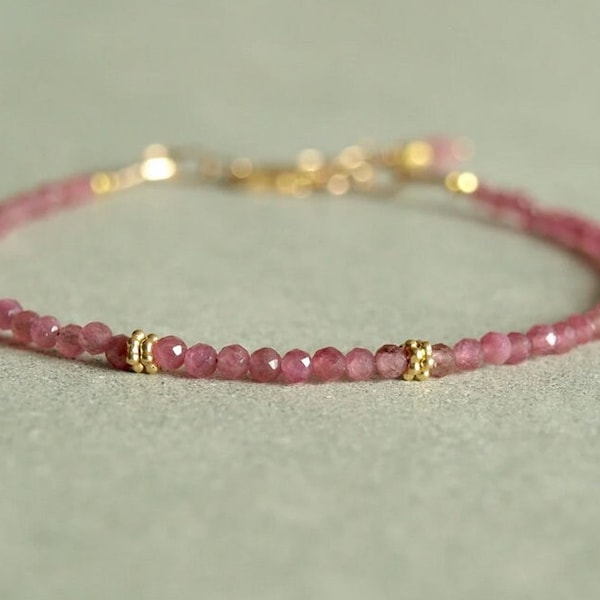 Pink Tourmaline Bracelet, small pink gemstones, gold beads, slim, elegant, stacking, quality real pink tourmaline jewelry, Christmas Gift