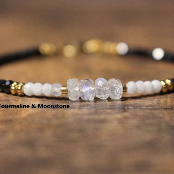 Moonstone + Black Tourmaline Bracelet| Goddess Protection| gold filled or SS finish| Rainbow Moonstone bracelet| Tourmaline Jewelry gift