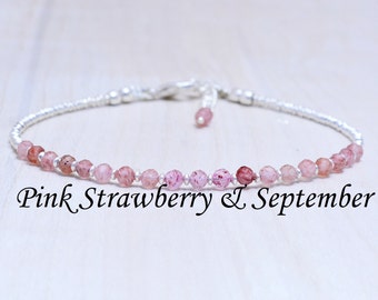 Strawberry Quartz Bracelet, Beaded Bracelet, Gemstone Bracelets for Women in Gold, Sterling Silver & Rose Gold, Gift for Her