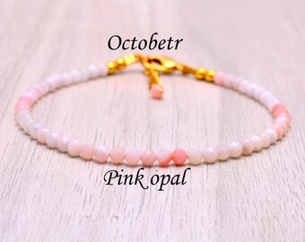 Pulsera de ópalo rosa, plata fina de las tribus de las colinas, capas minimalistas, piedra natal de octubre