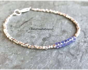 Tanzanite Bracelet, Hill Tribe Silver Nuggets, Dainty Tanzanite Jewelry, Skinny Stacking, Tiny Purple Stone, Gift Under 60 for Her, Delicate