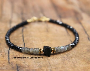 Raw Black Tourmaline, Labradorite & faceted Tourmaline, Mystical Protection Bracelet| Root -Throat Chakra Bracelet| Unique Handmade Bracelet