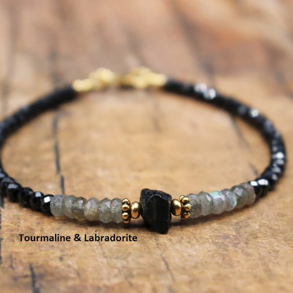 Raw Black Tourmaline, Labradorite & faceted Tourmaline, Mystical Protection Bracelet| Root -Throat Chakra Bracelet| Unique Handmade Bracelet