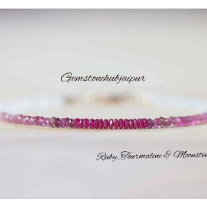 Ruby, Pink Tourmaline & Rainbow Moonstone Bracelet, Red Pink Ombre Jewelry, Genuine July Birthstone Gemstone