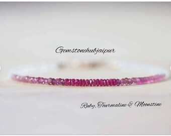 Ruby, Pink Tourmaline & Rainbow Moonstone Bracelet, Red Pink Ombre Jewelry, Genuine July Birthstone Gemstone