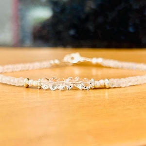 Herkimer Diamond Bracelet, April birthstone, Rainbow moonstone, Pearl, gold beads, Gemstones, birthday, Bestseller jewelry Christmas Gift