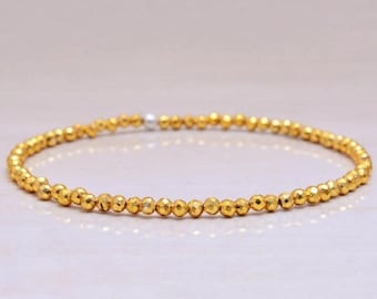 Golden Pyrite Stretch Bracelet, Delicate Beaded Gold Gemstone Jewelry, Genuine Small Faceted Gemstones