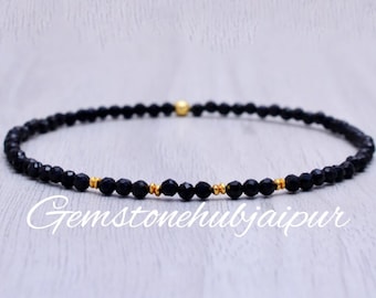 Dainty Black Tourmaline Bracelet, Faceted Gemstone Beaded Jewelry