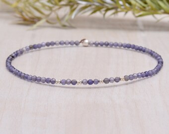 Dainty Iolite Stretch Bracelet, Beaded Shaded Blue Gemstone Elastic Stacking Bracelet, Ultra Delicate Jewelry