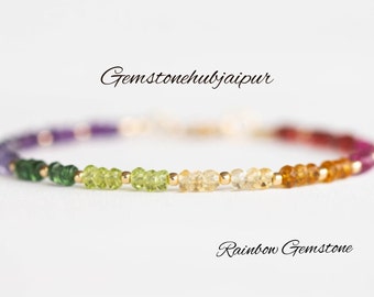 Dainty Rainbow Gemstone Bracelet with Garnet,pink Tourmaline, Citrine, period, green onyx, iolite & Amethyst, Silver Rose Gold Fill