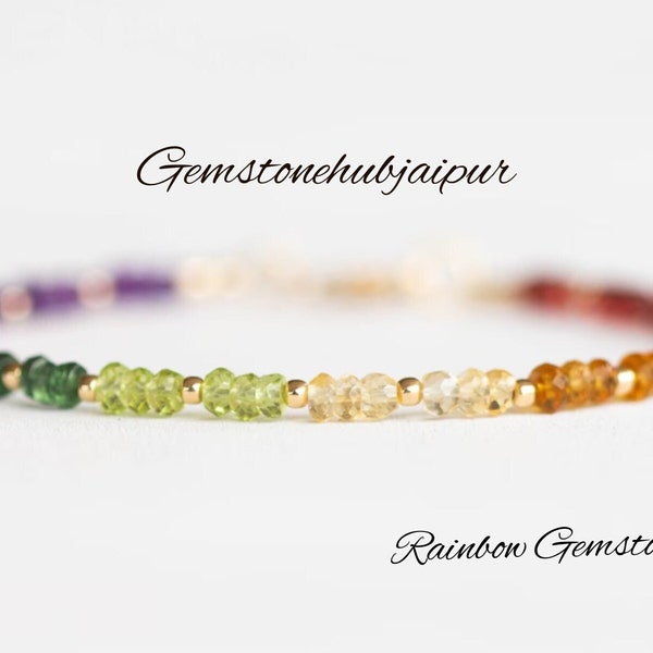 Dainty Rainbow Gemstone Bracelet with Garnet,pink Tourmaline, Citrine, period, green onyx, iolite & Amethyst, Silver Rose Gold Fill