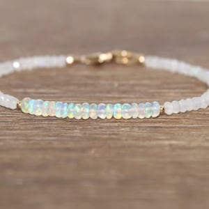 Ethiopian Opal and Moonstone Bracelet, Welo Opal, October Birthstone, Moonstone Jewelry, Gemstone Jewelry, Gold or Silver