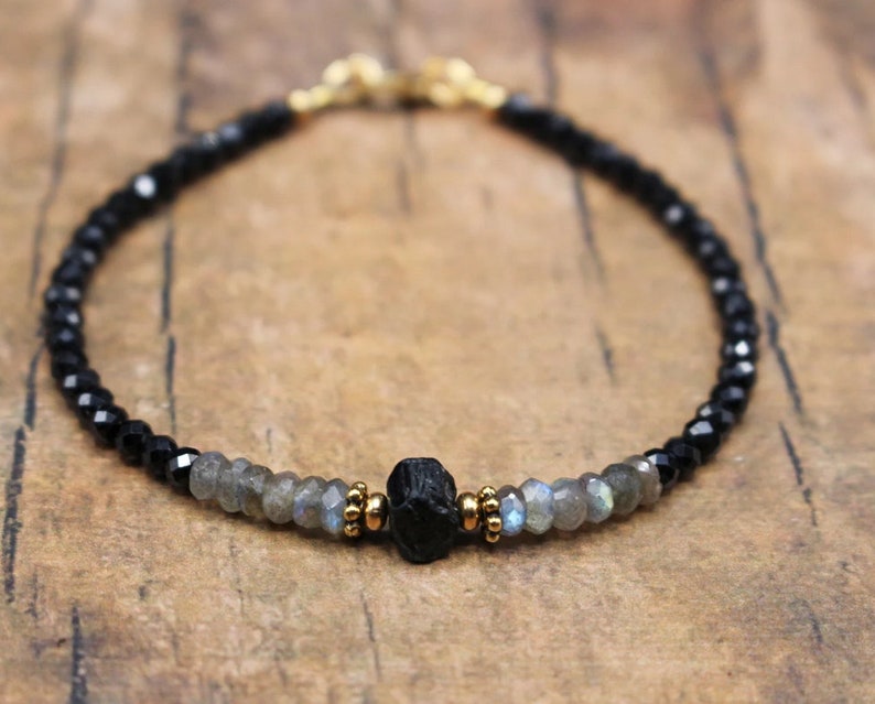 Raw Black Tourmaline, Labradorite & faceted Tourmaline, Mystical Protection Bracelet Root Throat Chakra Bracelet Unique Handmade Bracelet image 8