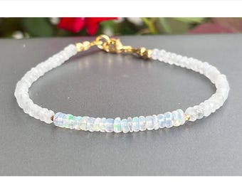 Ethiopian Opal and Moonstone Bracelet, Welo Opal, October Birthstone, Moonstone Jewelry, Gemstone Jewelry, Gold or Silver