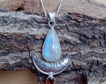 Rainbow Moonstone & Garnet Pendant: Sterling Silver Necklace