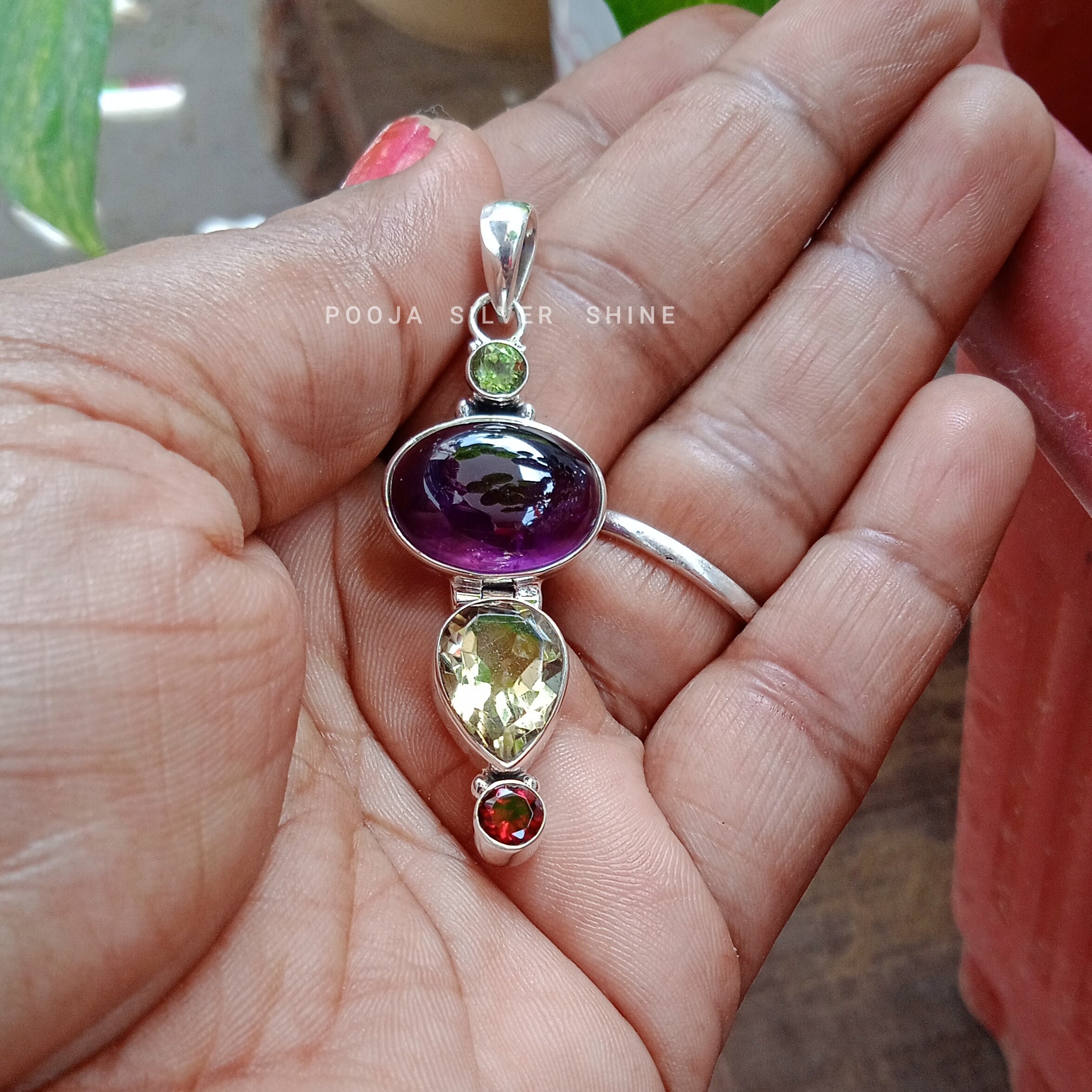 Pendentif Vintage En Argent Avec Péridot, Grenat, Citrine Et Améthyste - Cadeau De Noël Idéal - Occasion
