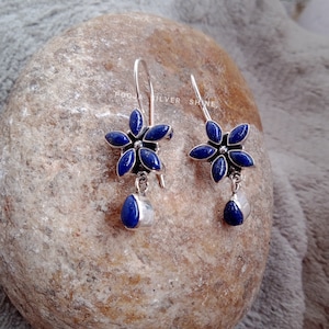 Handmade Lapis Lazuli Sterling Silver Hook Earrings: Floral Statement Jewelry