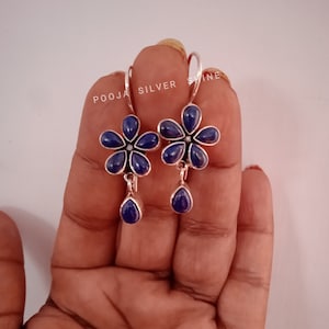 Handmade Lapis Lazuli Flower Earrings: Sterling Silver Hook