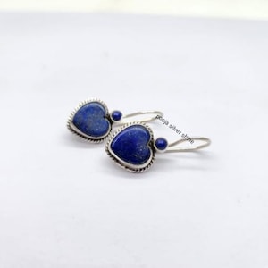 Genuine Lapis Lazuli Earring, Lapis Heart Earring 925 Sterling Silver, Handmade Jewelry, Blue Stone Jewelry, Hook Earring, Gift For Women.