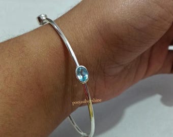 Brazalete ovalado de topacio azul natural, pulsera bohemia de plata de ley