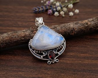 Colgante de piedra lunar arcoíris y granate hecho a mano: joyería de plata de ley 925