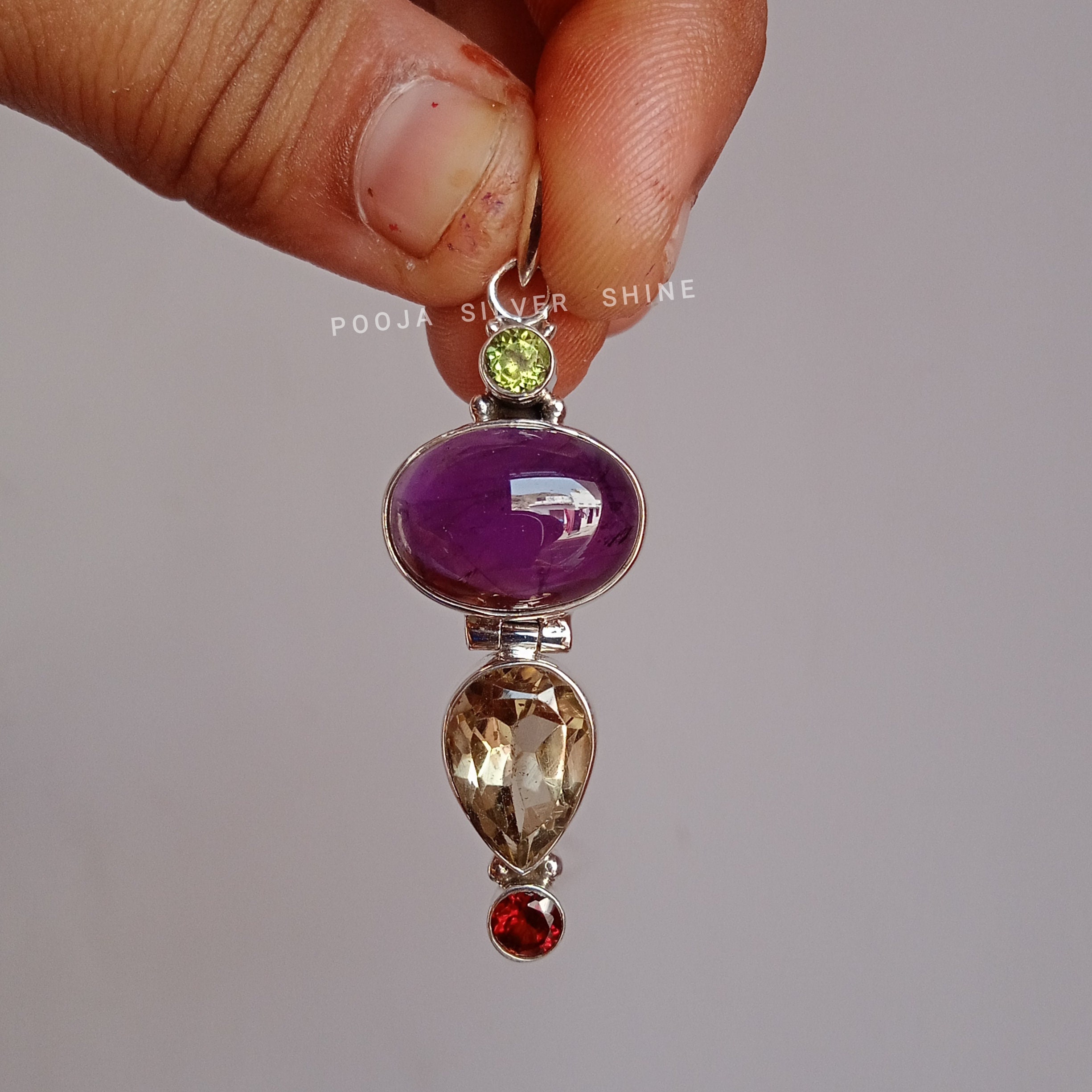 Pendentif Vintage En Argent Avec Péridot, Grenat, Citrine Et Améthyste - Cadeau Noël (occasion)