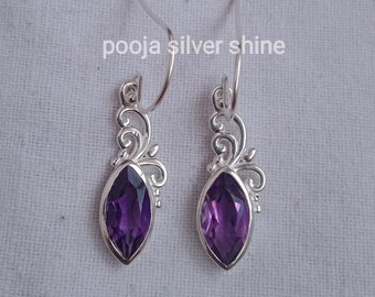 Handmade Marquise Amethyst Sterling Silver Dangle Earrings