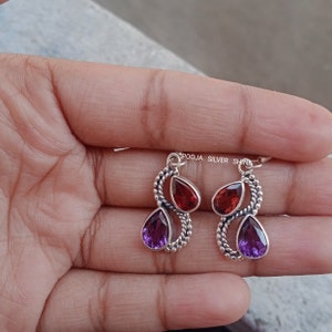 Natural Red Garnet And Amethyst Earrings, Handmade Garnet Silver Earrings, Unique Sterling Silver Earrings, Gorgeous Jewelry, Gifts For Her.