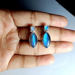 Labradorite Moonstone Stud Earrings: Sterling Silver Modern Gemstone
