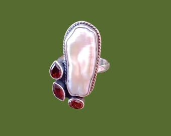 Handmade Sterling Silver Pearl Garnet Ring: Boho Statement Jewelry