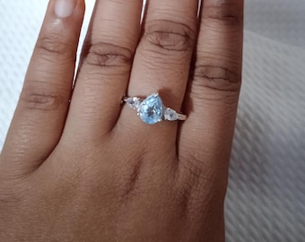 Anello con topazio blu a goccia: argento sterling 925, pietra portafortuna di dicembre
