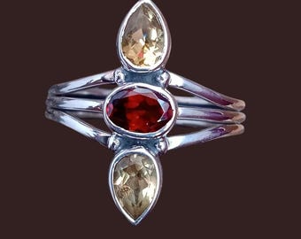 Handmade Garnet and Citrine Ring: Sterling Silver Boho Jewelry