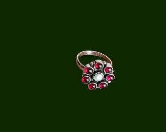 Handmade Garnet & Pearl Ring: 925 Sterling Silver Boho Ring